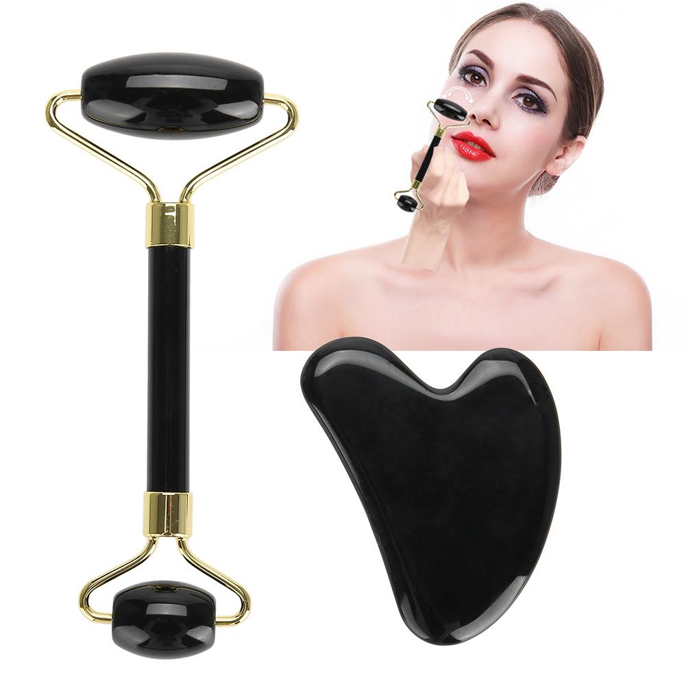 2pcs Set Natural Obsidian Double End Roller Massage & Scraping Board Kit Massage Gift Tool