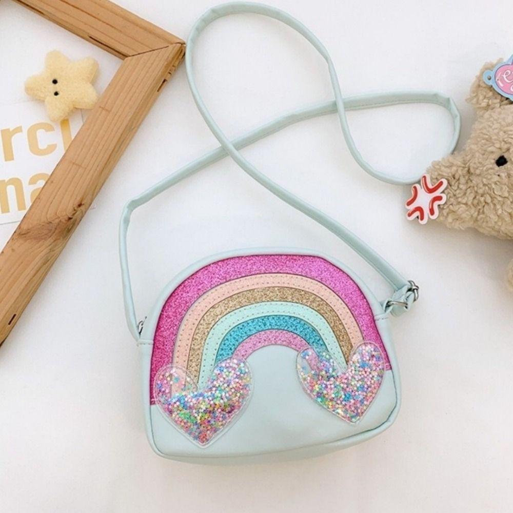 Cute PU Leather Shoulder Bags Rainbow Heart Portable Coin Purse Clutch Style Sequins Print Cartoon Bags For Girls
