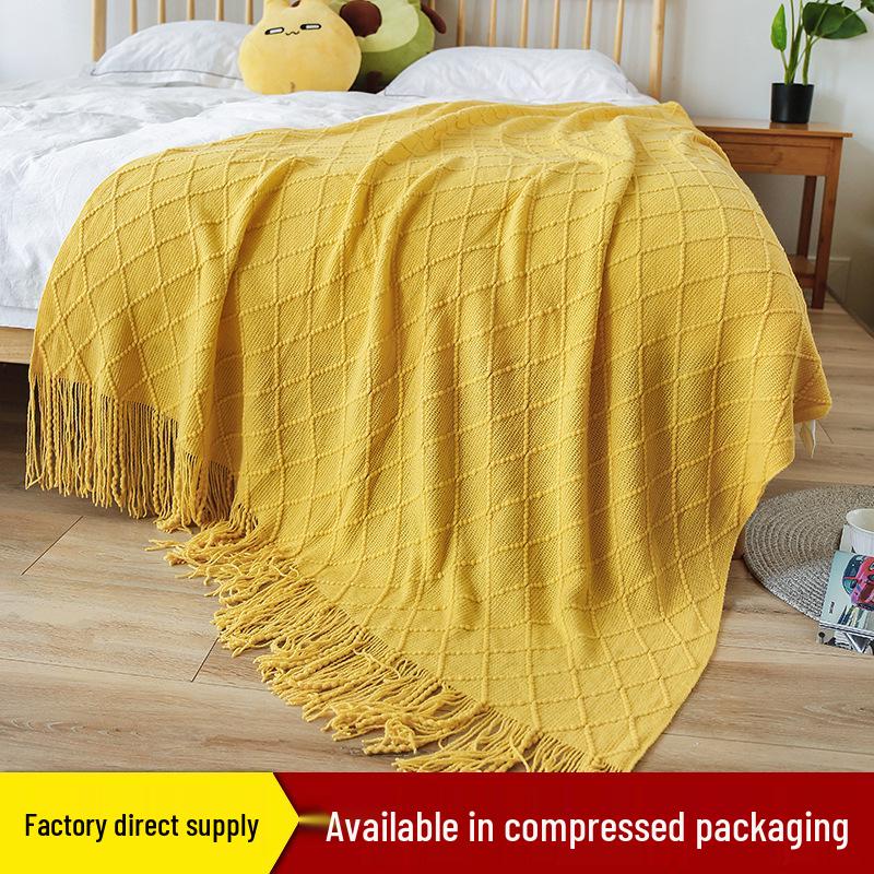 Nordic Retro Yellow Argyle Knit Blanket - Bed Runner, Sofa Throw, End Scarf Cover