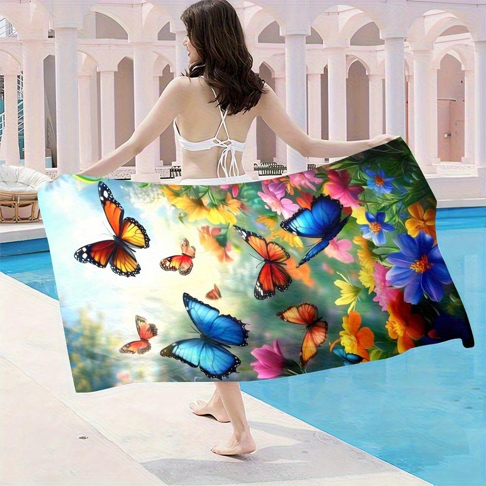 Beach Towel Butterfly and Flower Pattern Sun Protection and Windproof Suitable for Beach Pool Camping Travel Beach Blanket