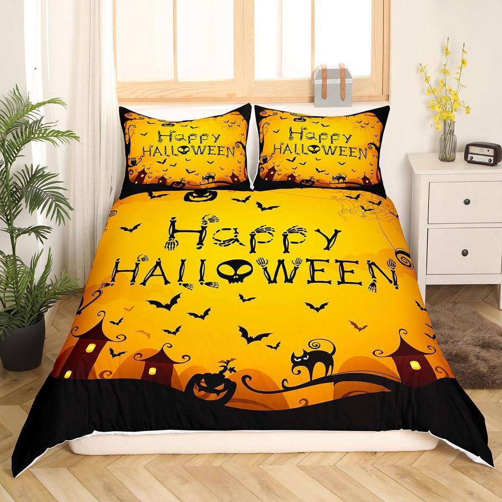 Pink Ghosts Duvet Cover Set Single Size Halloween Theme Bedding Set 2/3pcs Kids Girl Room Decor Gothic Skull Spider Bat Pumpkin
