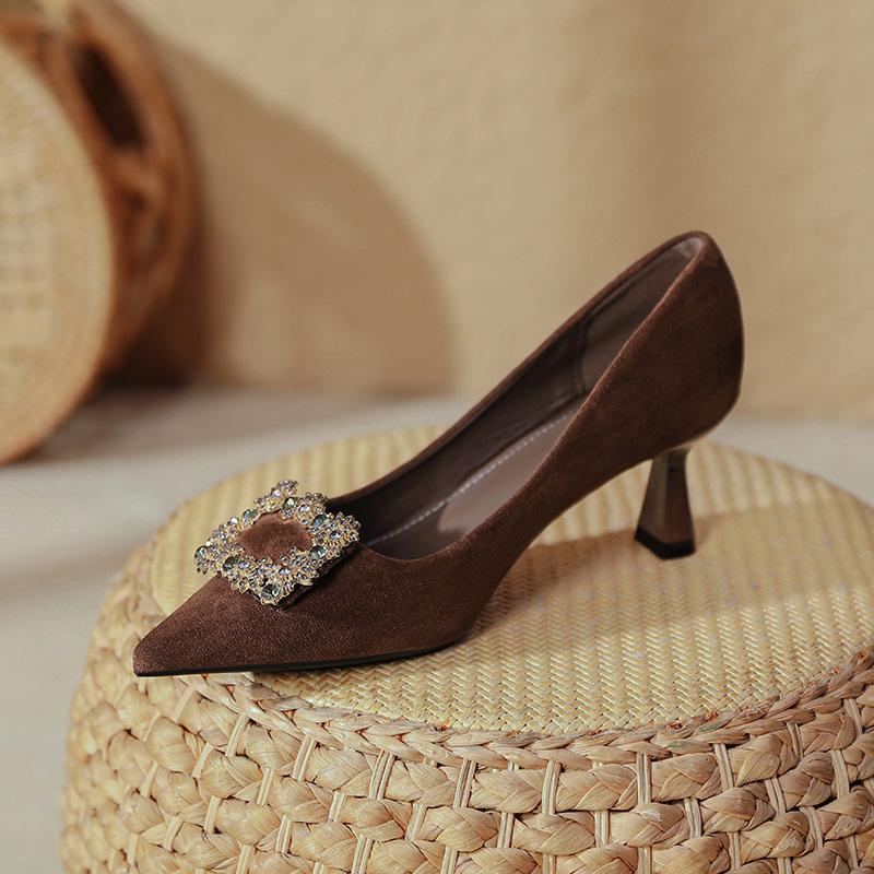 Pointed high heels women's thin heels 2025 new spring and autumn women's shoes rhinestone square buckle suede French small heel light mouth single sho