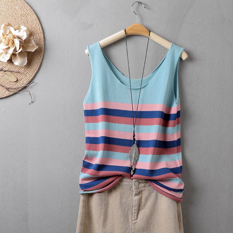 

Хлопковая майка с V-образным вырезом и полосатыми внутренними бретелями для женщин, летняя новинка, влагоотводящий универсальный жилет, модный трендовый топ XXL