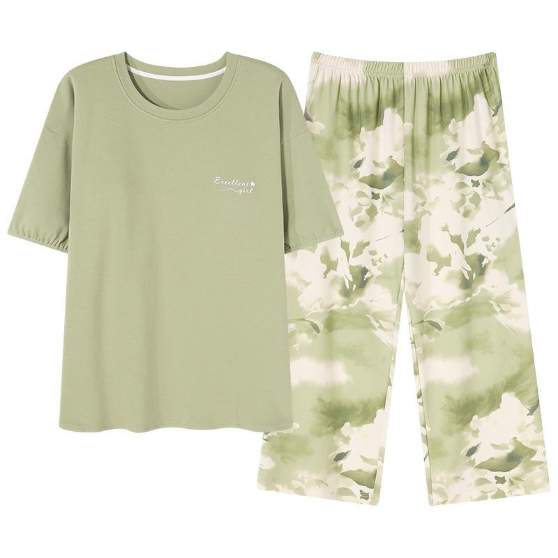 Women's summer pajamas with chest pads, pure cotton short-sleeved cropped pants pullover, new pure cotton women's loungewear set