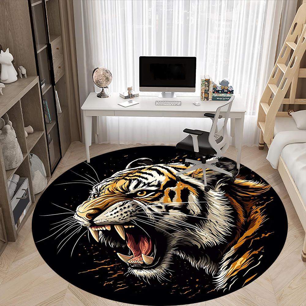 1pc Tiger Roar Print Carpet, Round Non Slip Durable Large Size Office Carpet, Suitable for Office