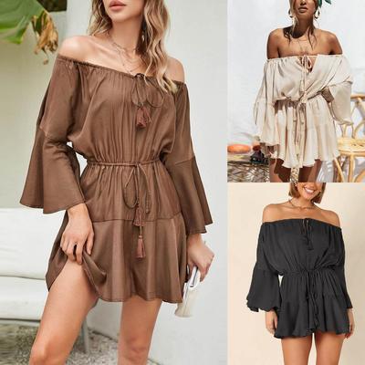 Μόδα Γυναικείο Ρυθμιζόμενο Φόρεμα με Γιακά Μονόλεξο, Άνετο, με Σουράκι στη Μέση, Μονόχρωμο, με Κορδόνια και Μανίκια Καμπάνα