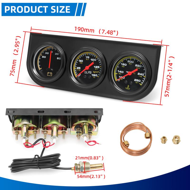3-в-1 Датчик температуры воды 52 мм Датчик давления масла Вольтметр AMP 12 В Комплект Тройной датчик для автомобиля с датчиками
