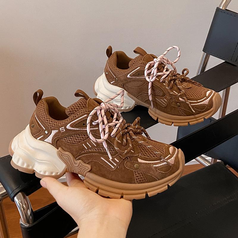 

Color matching double lace-up heightening platform fashionable retro dad shoes women s spring new versatile casual sports shoes 40 коричневый