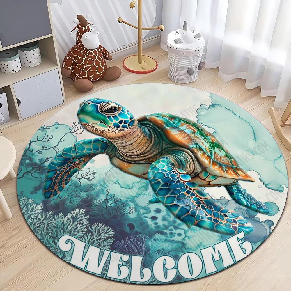 Coastal Nautical Beach Art Print Round Rug Floor Carpet Anti Slip Showing Multiple Sea Turtles Coral for Bedroom Interior Decor