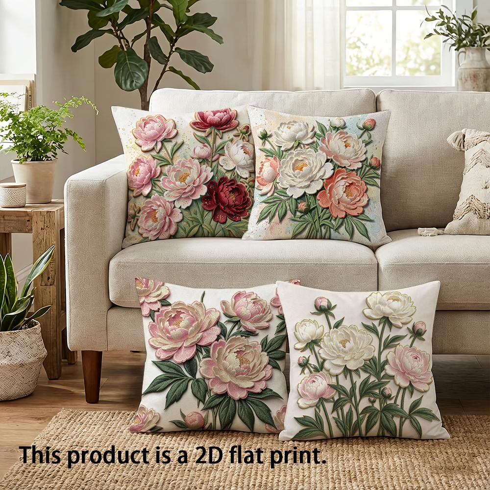 1pc Vintage Peony Floral Throw Pillow Covers 2D Flat Printed Decorative Cushion Cases for Home Sofa Bedroom Living Room