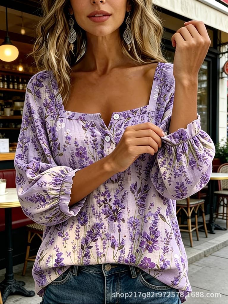 New Xiyin Summer T-Shirt Women's Printed Square Neck Button Bubble Sleeve Women's Top Women's