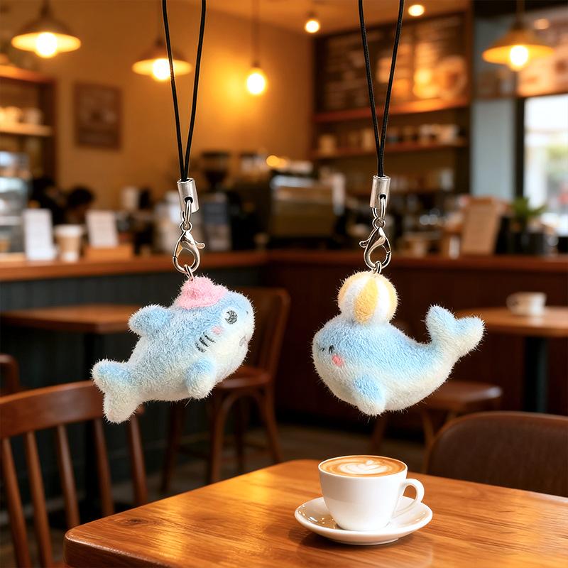 1Pcs Resin Cute 3D Dolphin Flocking Doll Pendant Phone Chain Fluffy Shark Turtle Animal Keychain For Bag Car Key Ring Gift