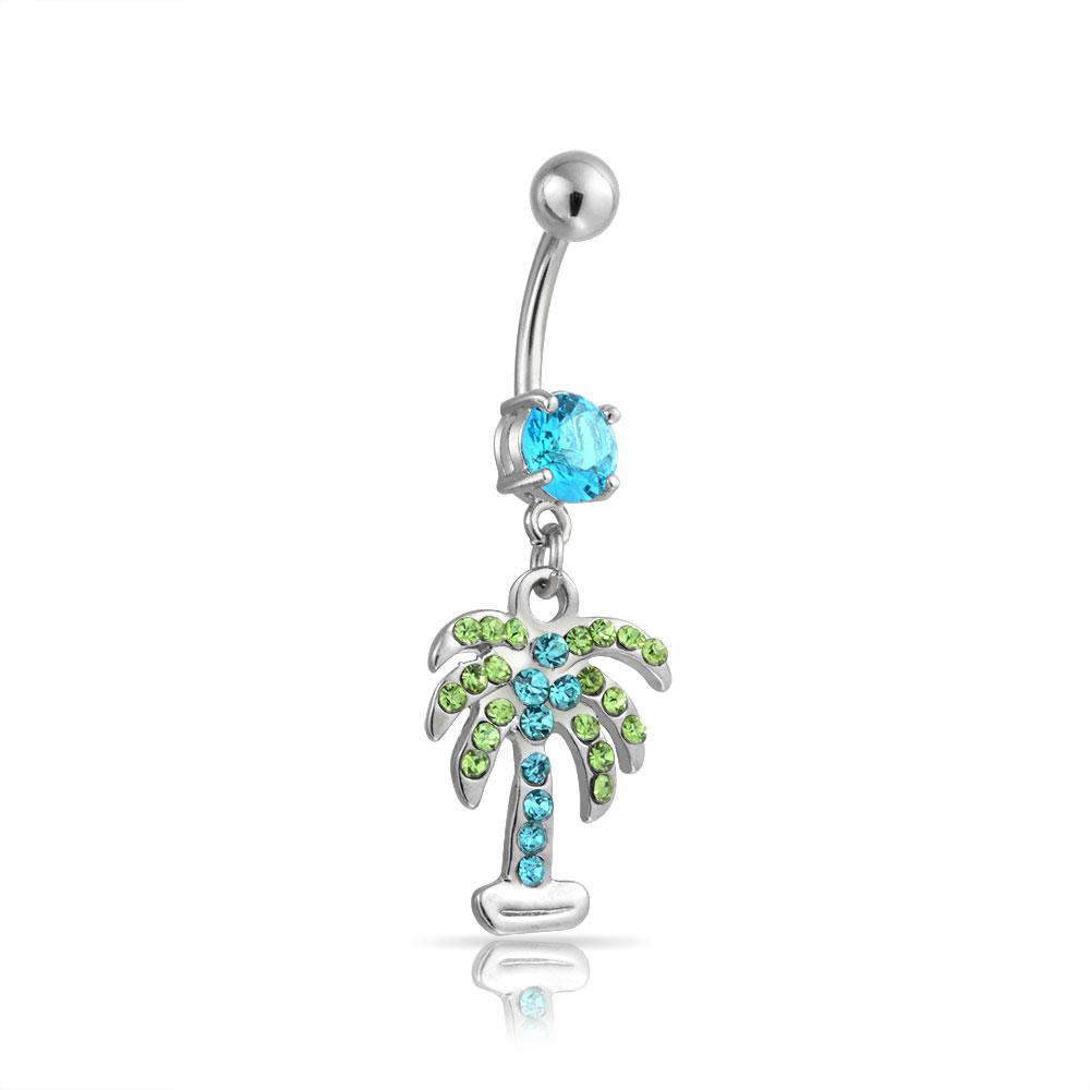 

Nautical Tropical Beach Dangle Green Blue Crystal Palm Bar Navel Belly Ring 316L Stainless Steel 14 Gauge for Women [Bling Jewelry]