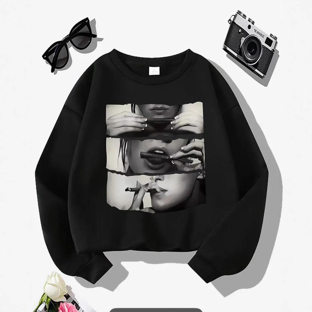 Cross-border Autumn/Winter Lip Print Loose Fleece Sweatshirt