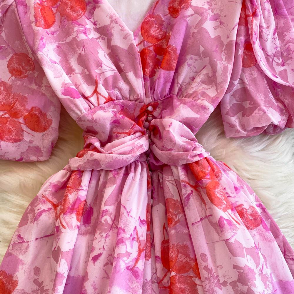 V-neck Puffed Sleeves Cinched Waist Dress Slimming Women's Dress Knee-length Slit Printed Dress