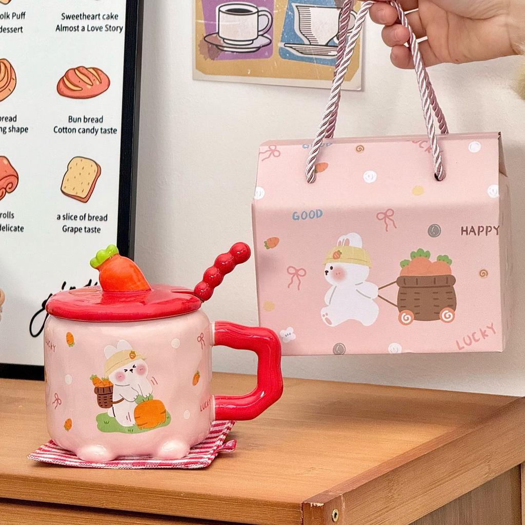 Girl's heart high appearance birthday gift cute rabbit water cup for boyfriend and girlfriend sister couple ceramic with lid spoon