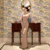 Light Luxury High-end Nude Sequins Suspender Dress, Female Sexy Backless Birthday Dress, Waist-wrapped Hip-wrapped Long Skirt