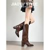 Genuine Leather~ Jiaoyu White Trouser Boots Pointed V-mouth Thin Spice Girl Boots But Knee Thick Heel Boots Knight Boots