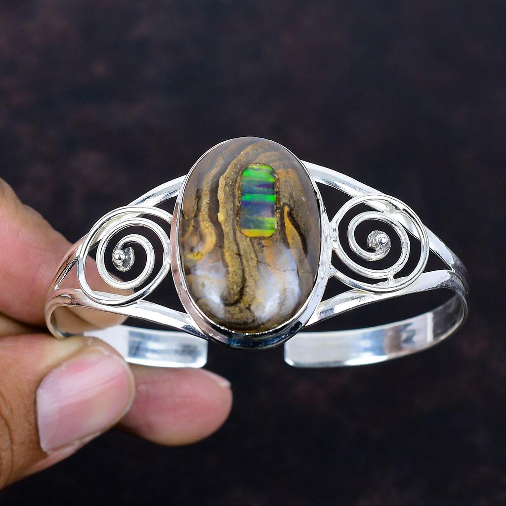 Ethopian Opal In Boulder Opal Cuff Bracelet 925 Sterling Silver Bangle Gemstone Adjustable Cuff Bracelet Handmade Jewelry Gifts for Mother
