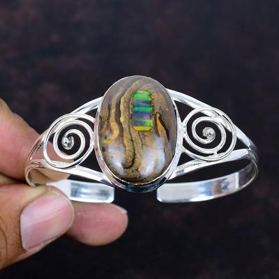 Ethopian Opal In Boulder Opal Cuff Bracelet 925 Sterling Silver Bangle Gemstone Adjustable Cuff Bracelet Handmade Jewelry Gifts for Mother