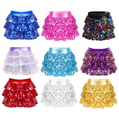 Kids Girls Tiered Ruffle Dance Skirt Shorts Metallic Shiny Sequins Elastic Waistband Culottes Dance Stage Performance Costume