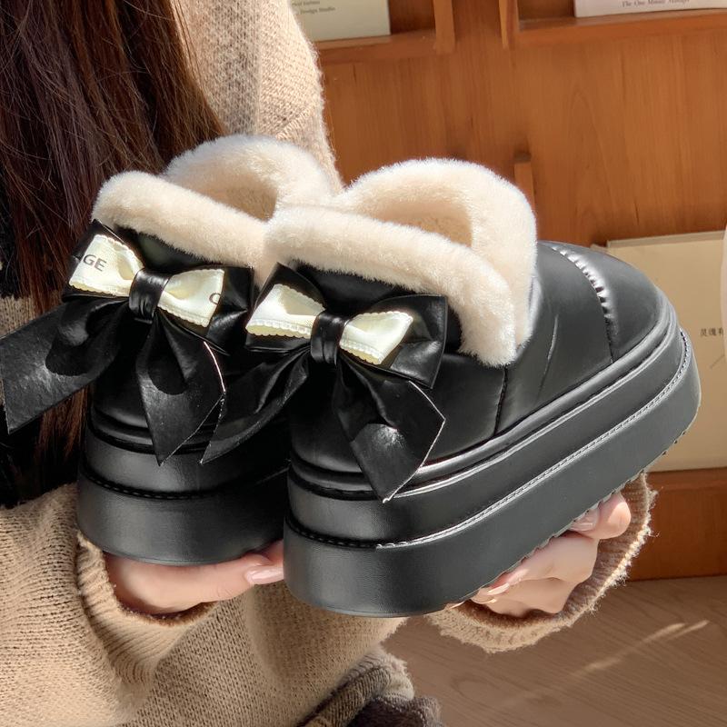 New fashionable thick-soled heightening bow cotton shoes winter velvet warm soft-soled shoes hairy snow shoes