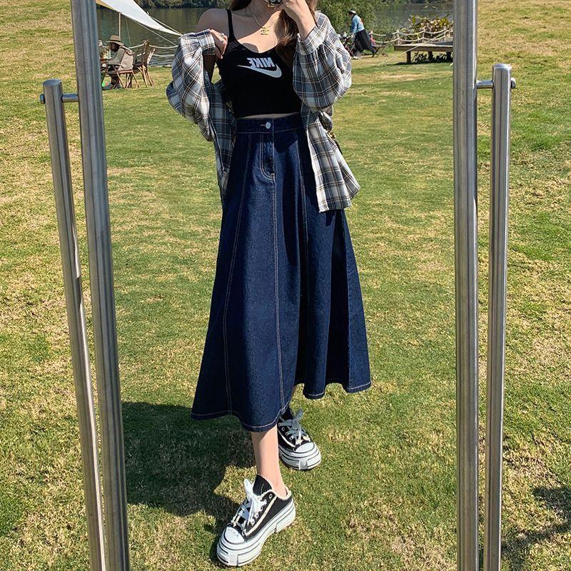 Spring Autumn Women's Fashion High Waist Casual Denim Skirt Mid-length A-line Skirt