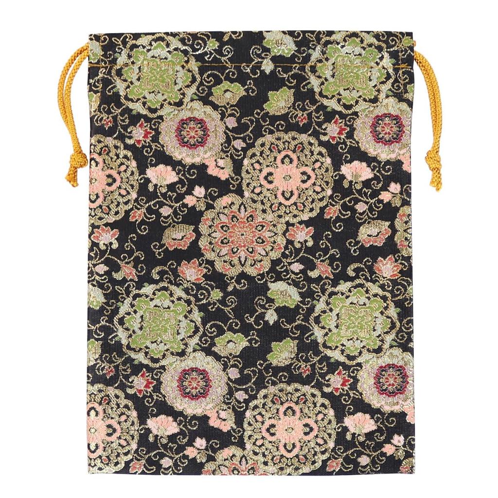Gold Brocade Drawstring Floral Arabesque Black [Hotokudo] Bag, Pattern,