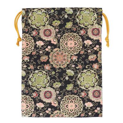 [Hotokudo] Gold Brocade Drawstring Bag, Floral Arabesque Pattern, Black