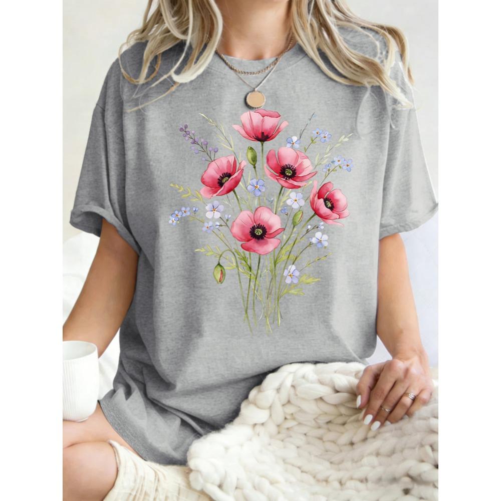 Beautiful Watercolor Flowers Print Womens T Shirt Cotton Oversize T-Shirts Summer Breathable Short Sleeves Sport Top