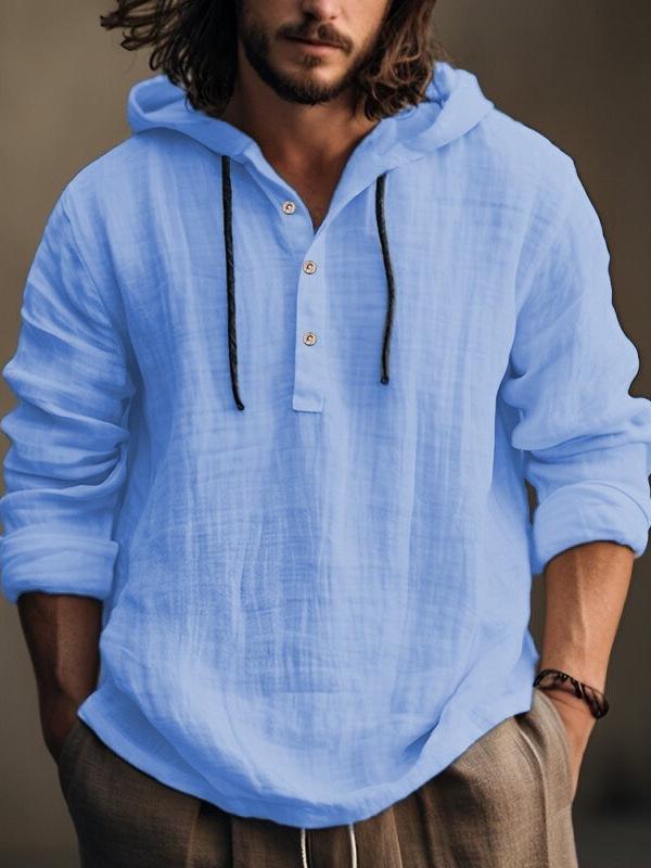 Men's Cotton Linen Hooded Sweatshirt - Casual Solid Color, Long Sleeve, Trendy Autumn Wear