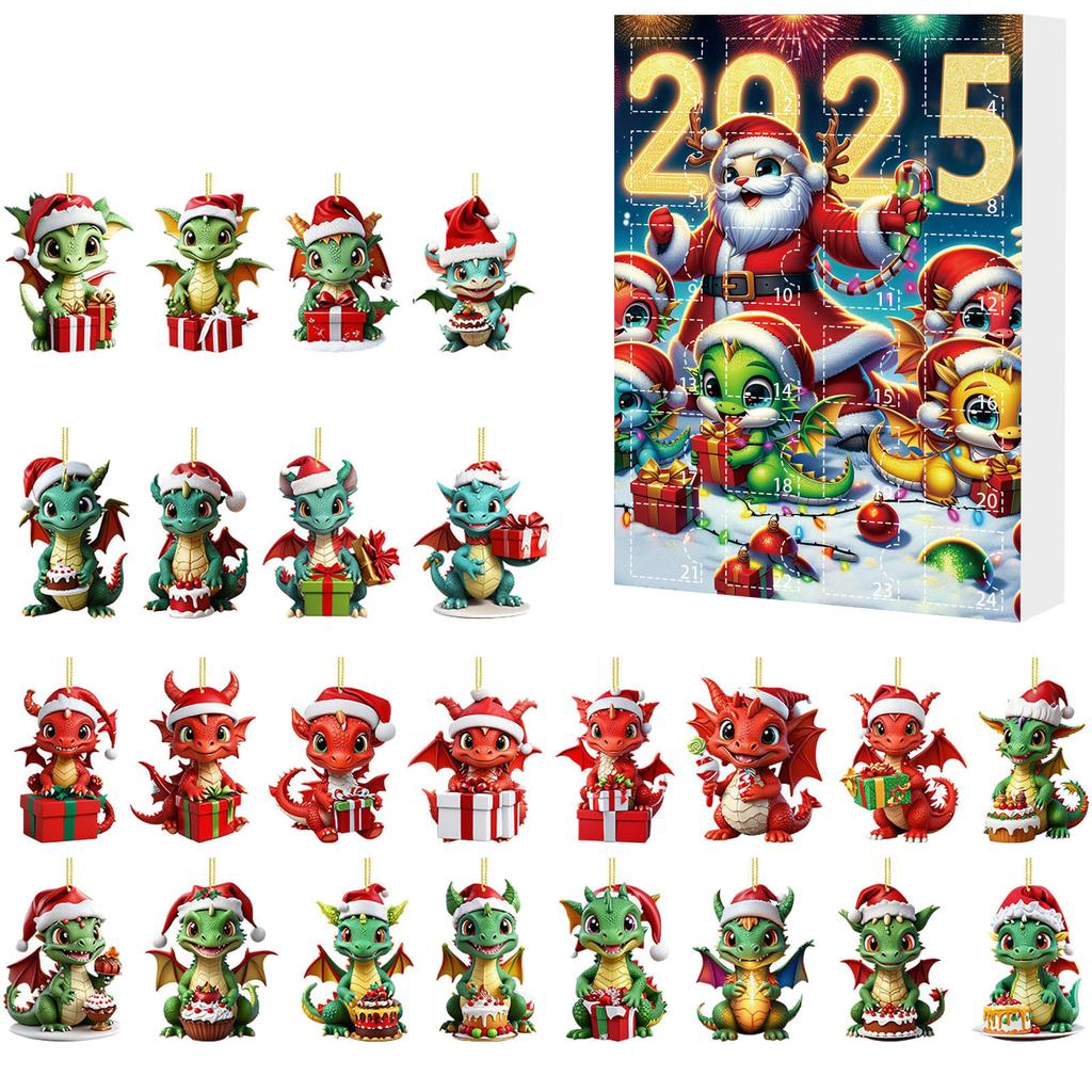 24-Tage Weihnachtsbaumschmuck mit Weihnachtsmannmützen Niedlicher Drache Countdown-Kalender Mini Weihnachtsbaum Drachenanhänger für Heimdekoration
