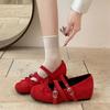 Red retro versatile round head inner height increase shallow mouth flat-soled single shoes women's summer 2025 new soft-soled Mary Jane shoes