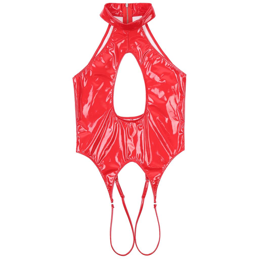 Women Latex Clubwear Nightclub Pole Dance Costume Cutout Front Crotchless Bodysuit Halter Backless Jumpsuit