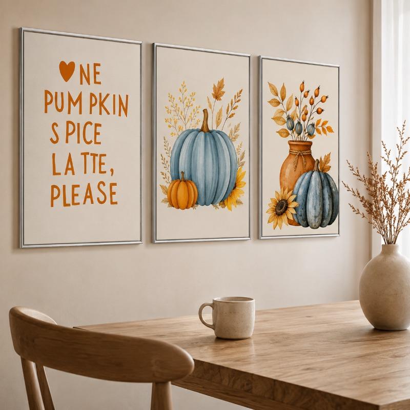 Watercolor Fall Maple Leaf Canvas Gallery Wall Prints Blue Pumpkin Pumpkin Spice Typography Wall Art Farmhouse Home Decor Gift