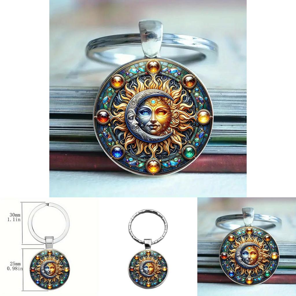 Cute Sun Moon Glass Pendant Keyring Portable Key Organizer For Gift Or Personal Use