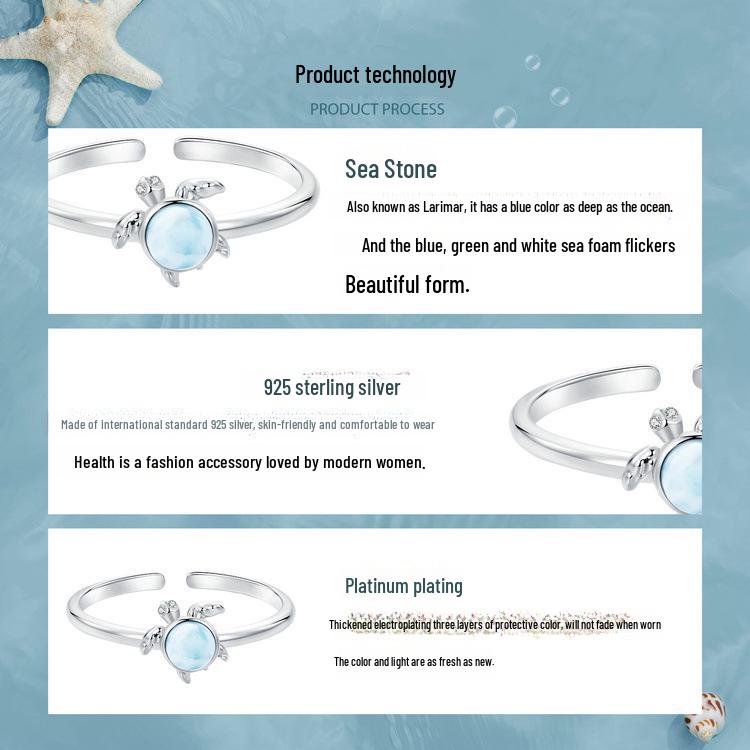 Avle S925 Sterling Silver Blue Turtle Adjustable Ring for Women