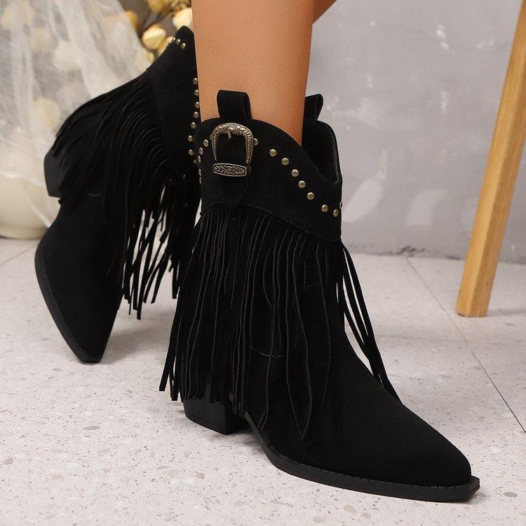 Fashion Women Ankle Boots Autumn 2025 Suede Chelsea Boots Pointed Toe Tassel High Heel Shoe Rivet Fashion Retro Cowboy Boots Botas Mujer