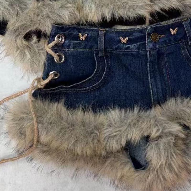 

2025 Winter Furry Trim Lace-up Denim Shorts: Slimming & Sexy Street Style Small светло-синий