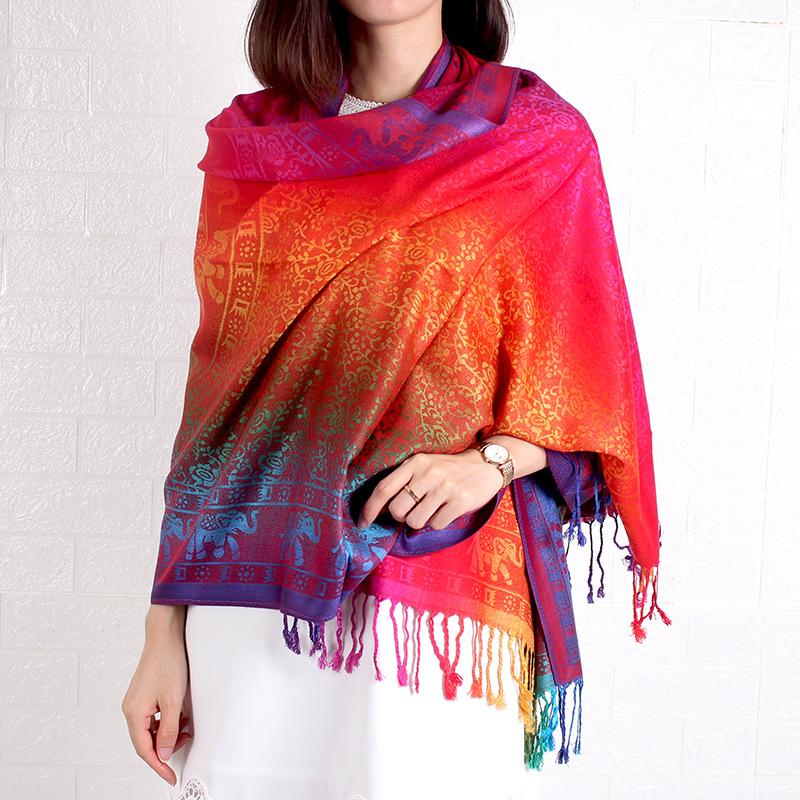 Shawl, Spring and Autumn Color Red Scarf, Large Shawl, Long Women's Cotton Scarf, Headscarf, Elephant Gradual Change Scarf