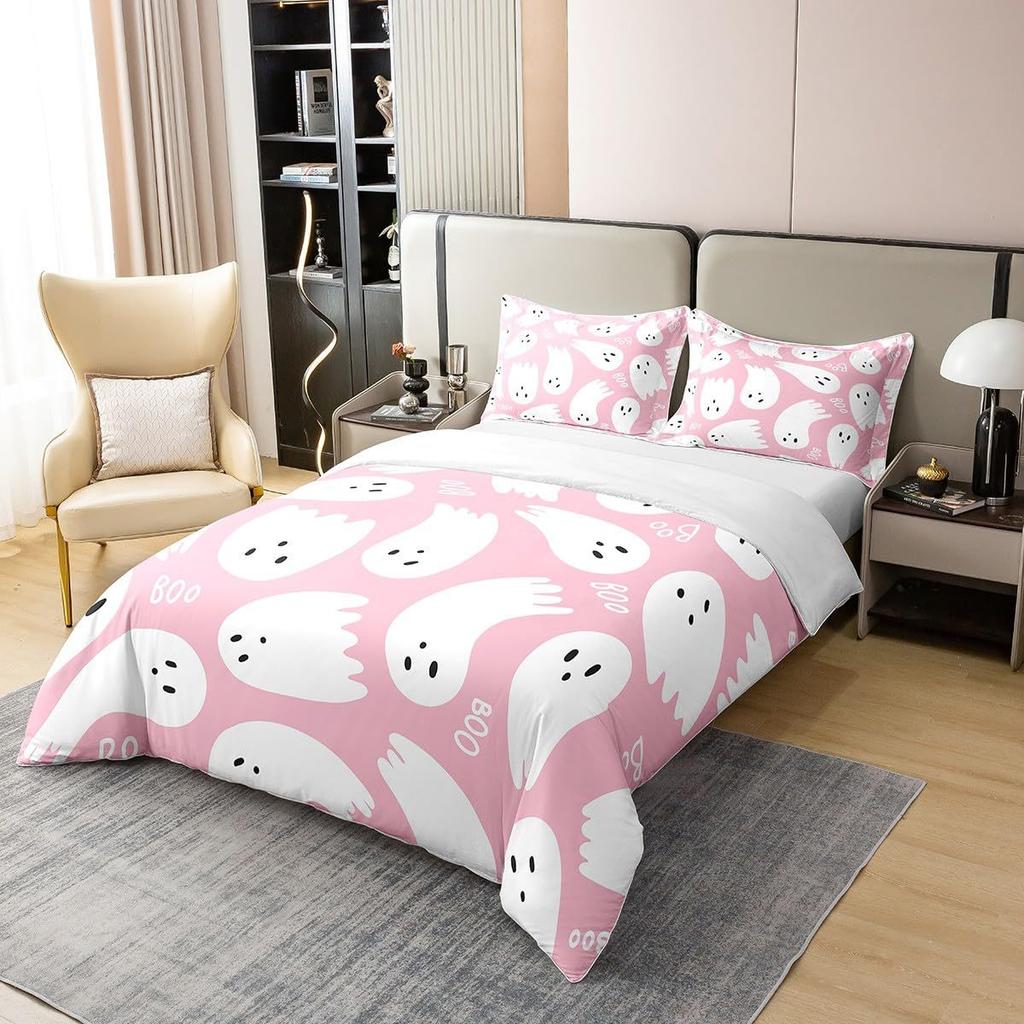 Halloween Ghost Pink White Three-Piece Quilt Cover Digital Printing Bedding Set Bed Cover