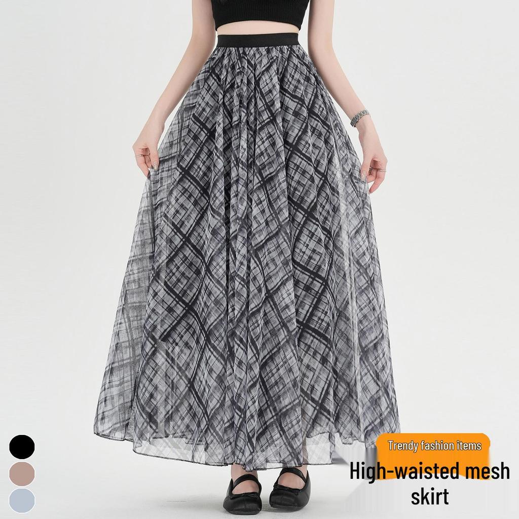 High-Waisted A-Line Plaid Mesh Skirt for Women - Elegant Slimming Umbrella Design