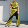 INCERUN 2PCS Men Sleeveless Striped Mesh Sheer Tank Tops Elastic Waist Layers Pants Sets