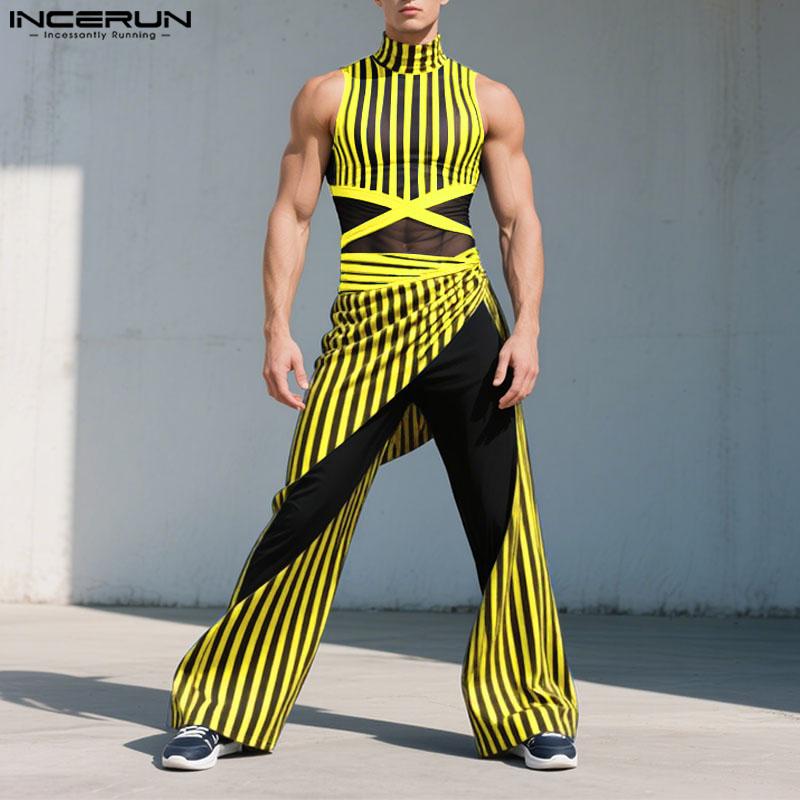 INCERUN 2PCS Men Sleeveless Striped Mesh Sheer Tank Tops Elastic Waist Layers Pants Sets