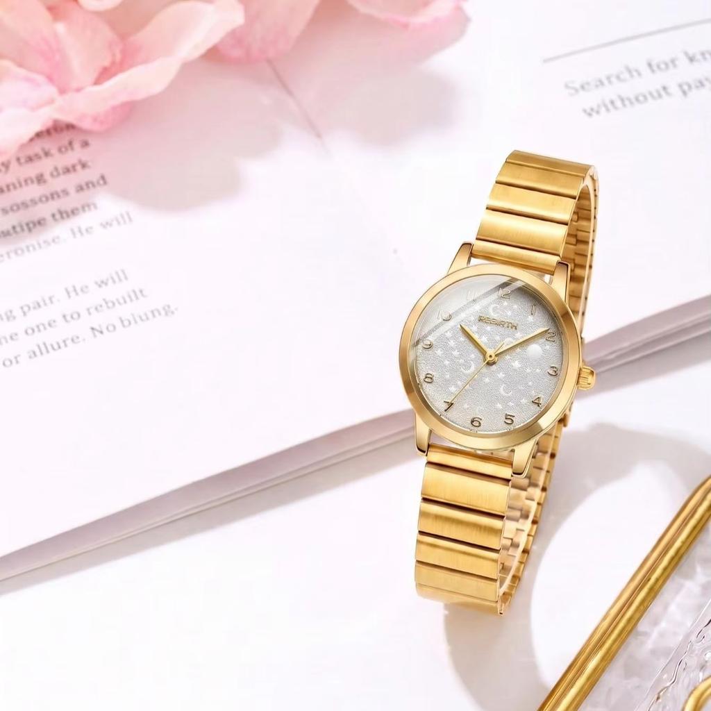 Rebirth Gold Steel Band Women's Watch Starry Sky Dial Simple Quartz Watch Waterproof Commuter Women's Wristwatch Gift