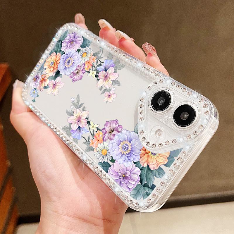 Sakura Floral Print Diamond Frame Clear Case For iPhone 16E 16 15 Pro Max 14 Pro 13 12 11 Anti-Fall Soft Silicone Shockproof Phone Cover