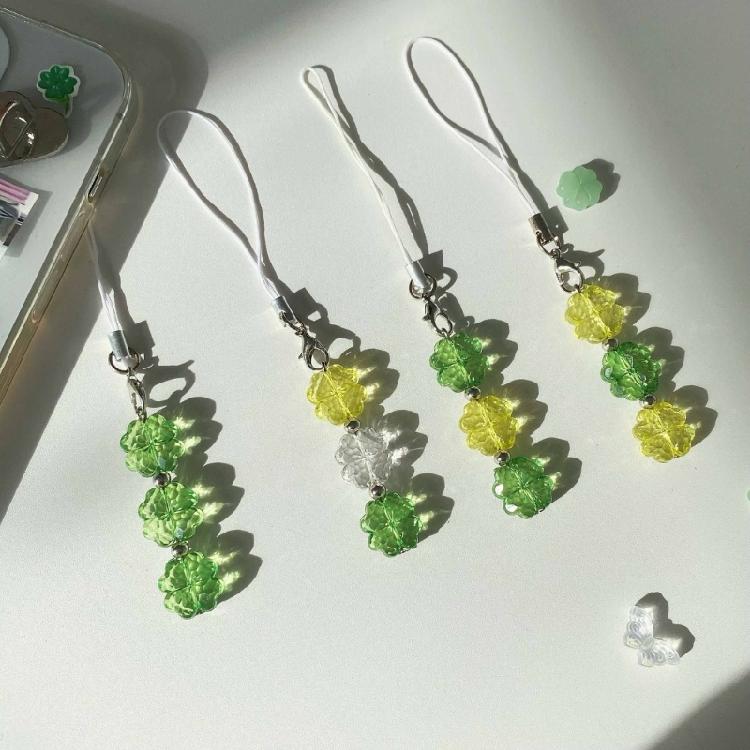 Fashion Beaded Phone Charm Lanyard for Women Girls Crystal Four Leaf Clovers Keyring Stylish Keychain Bag Purse Pendant
