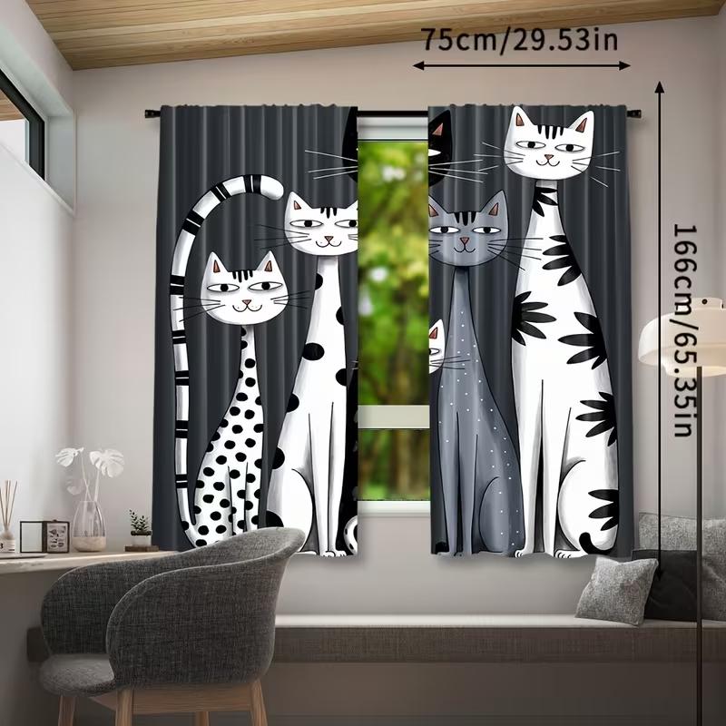 Vikama Cat Cute Print Curtains Living Room Bedroom Study Bathroom Privacy Protection Home Decoration Curtain Modern Polyester Washable Sitting Ready