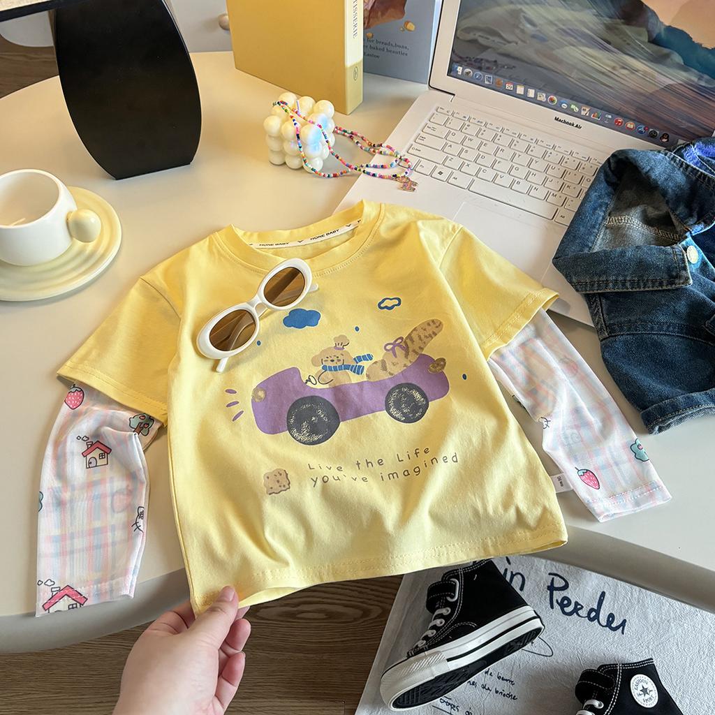 Girls Summer Cotton Cartoon T Shirt Fake Two Piece Sun Protection Sleeves Casual Cute Top Kids Clothing