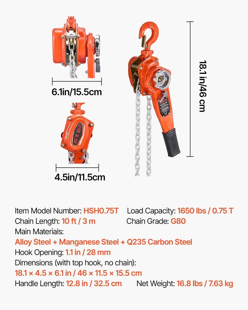 Manual Lever Chain Hoist, 3/4T 750KG Capacity Heavy Duty Come Along, 3M Lift G80 Alloy Steel Chain With Dual Pawl Mechanical Brake, 360° Rotating